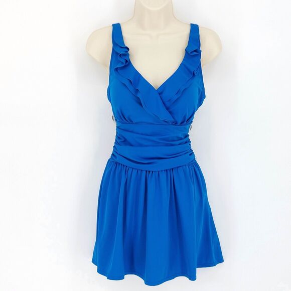 Denim & Co Beach Swimsuit Womens Sz 10 Saphire Blue One Piece Swim Dress Modest - Picture 1 of 8
